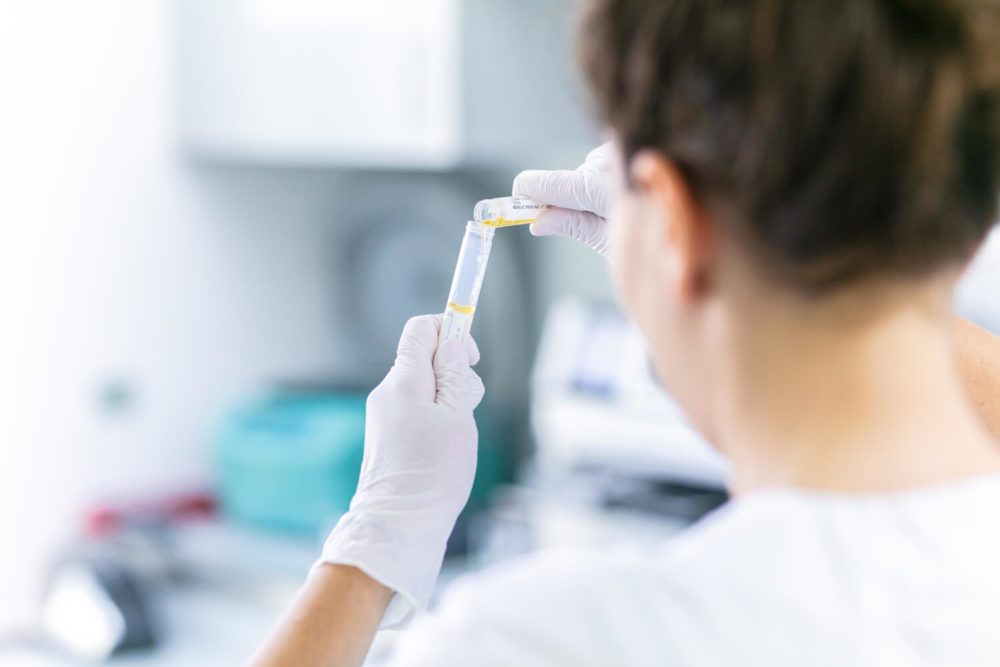 Un scientifique est vu de dos dans un laboratoire, étudiant un tube à essai rempli d’une substance jaune. Il semble très concentré sur ce qu'il y a à l'intérieur. L'équipement de laboratoire en arrière-plan est légèrement flou.